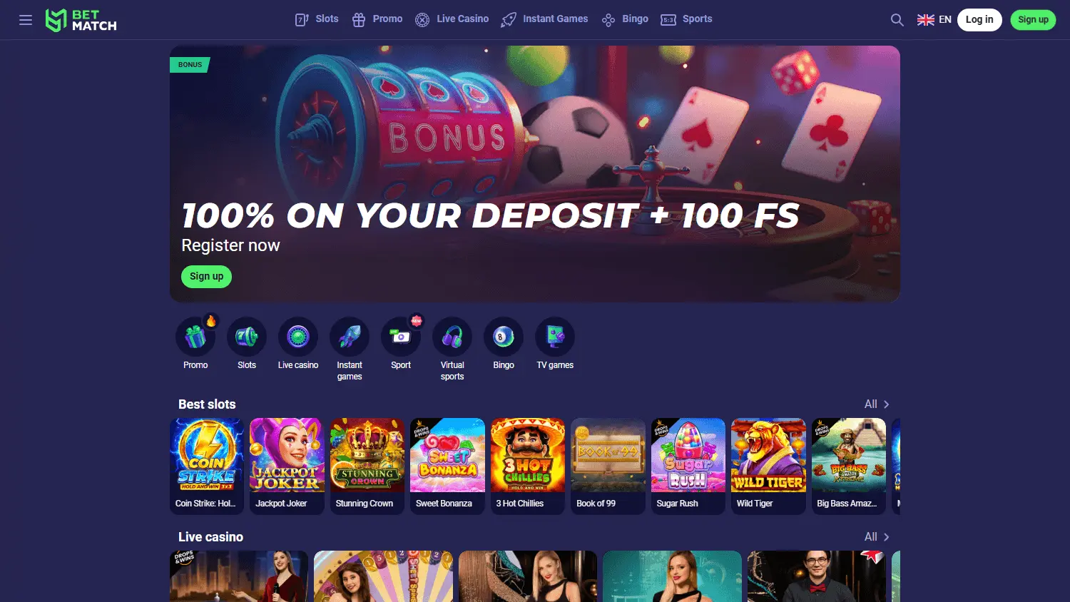 Betmatch Casino homepage desktop — deposit section and cashier