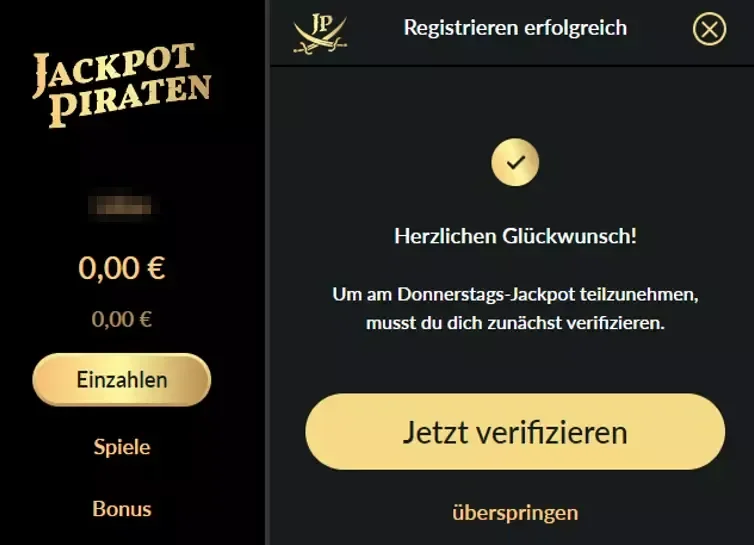 JackpotPiraten successful registration and KYC verification screen