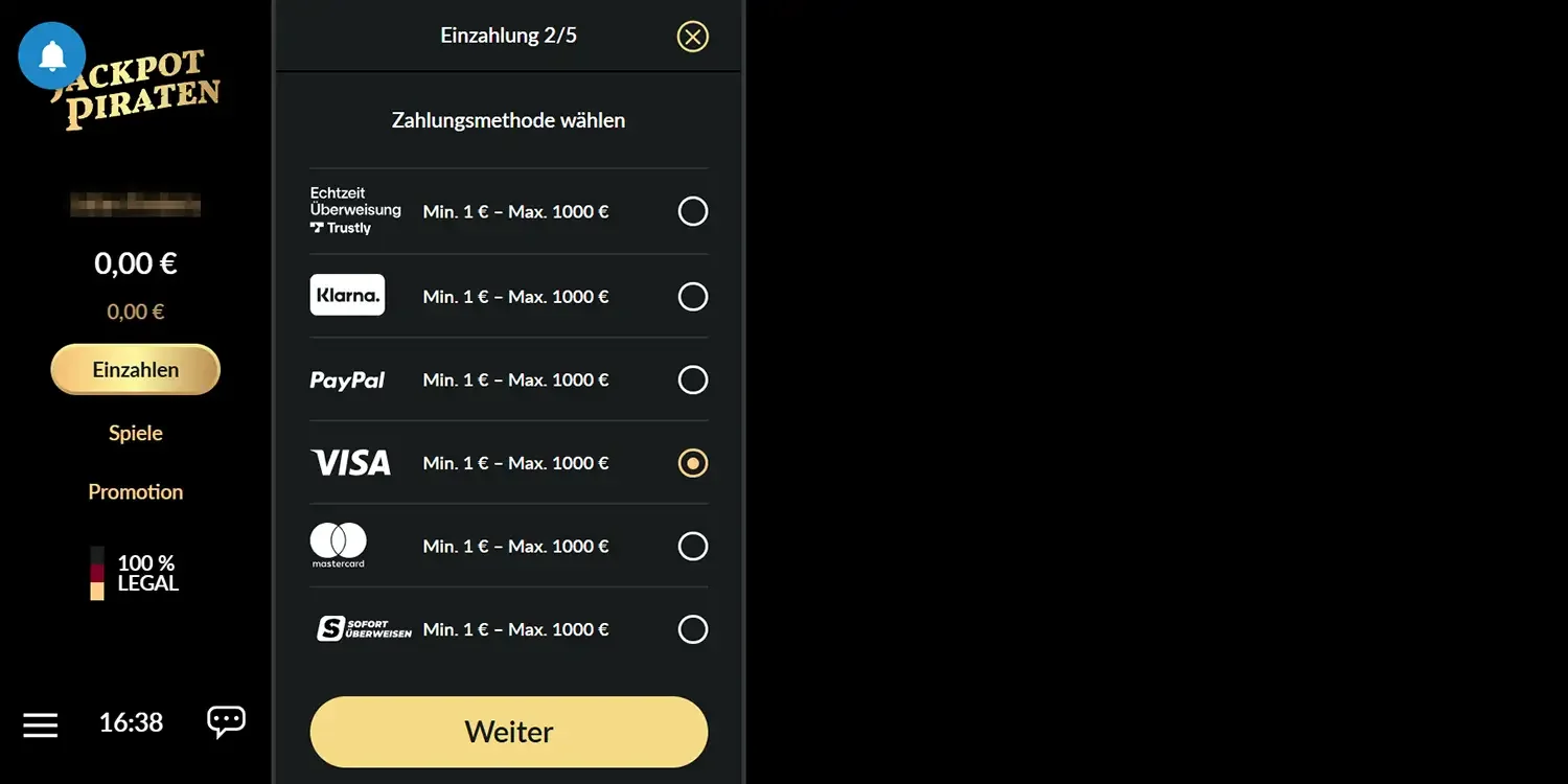 JackpotPiraten Casino Visa deposit step by step