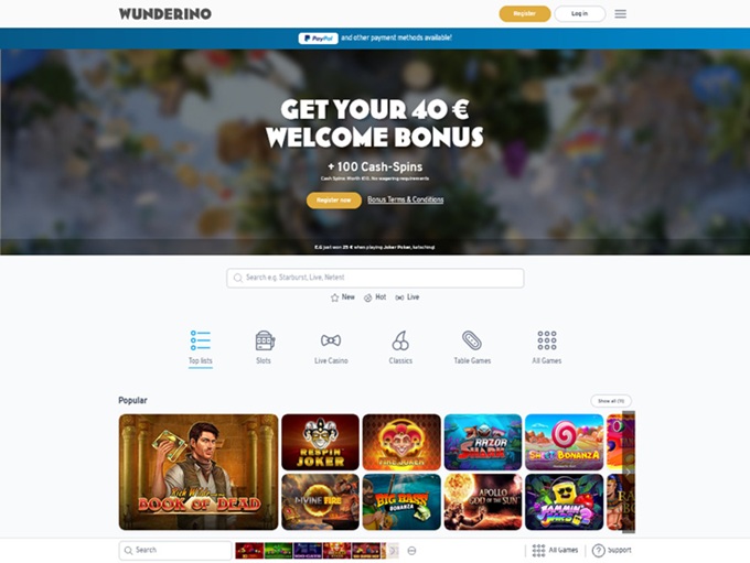 Wunderino Casino Interface – Einzahlung mit Kreditkarte