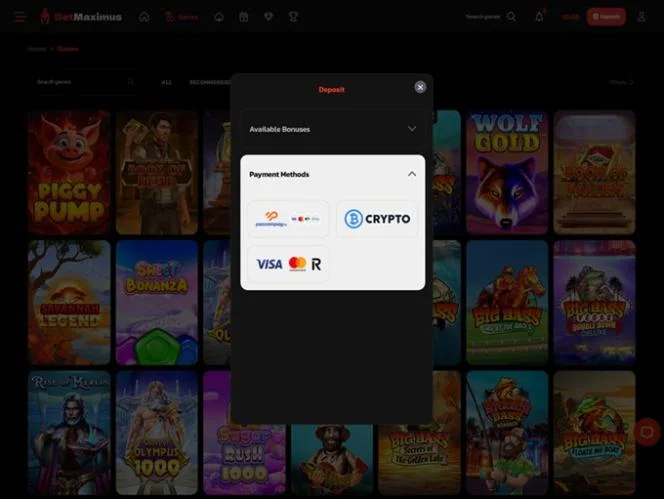 BetMaximus Casino overview with available payment methods