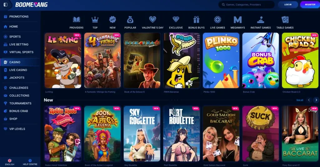 Boomerang Casino payment methods page with deposit and withdrawal options