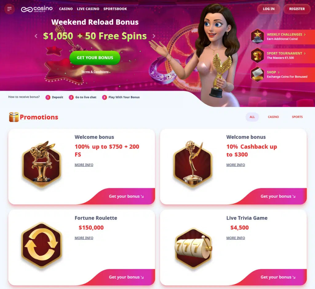 Casino Infinity desktop interface – casino lobby and payment overview