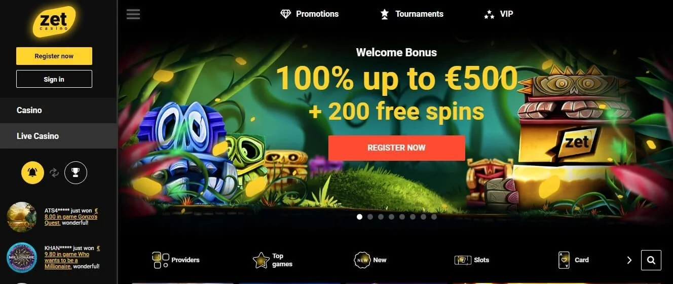 Zet Casino main page with payment methods and deposit options