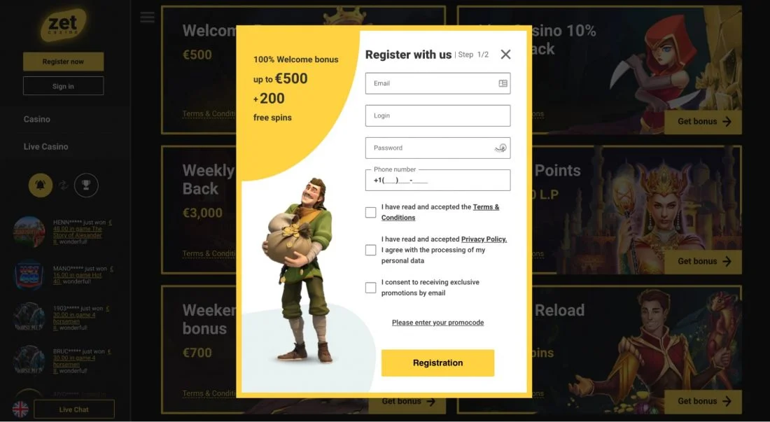 Zet Casino registration and first deposit form