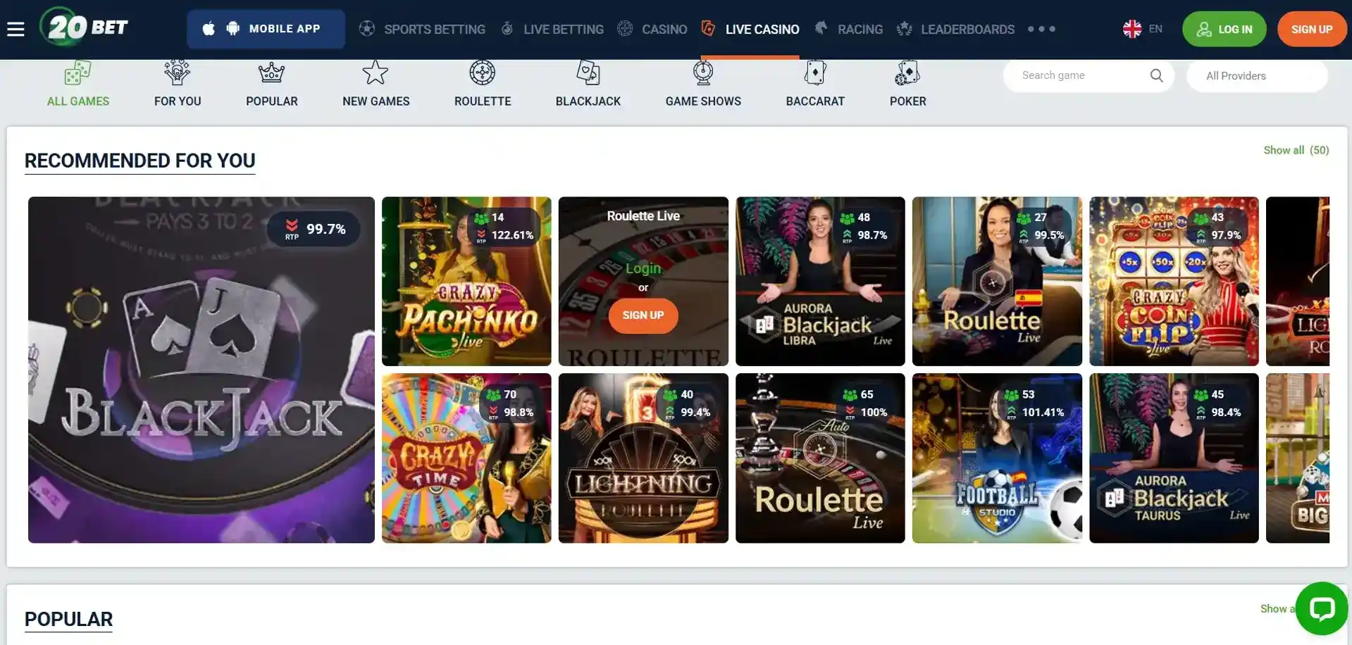 20Bet Casino Spielauswahl — webmoney casino wallet typen