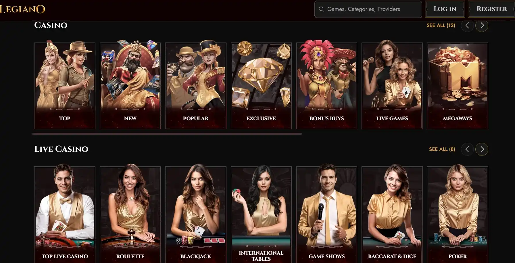 Legiano Casino games lobby – slots and live casino selection