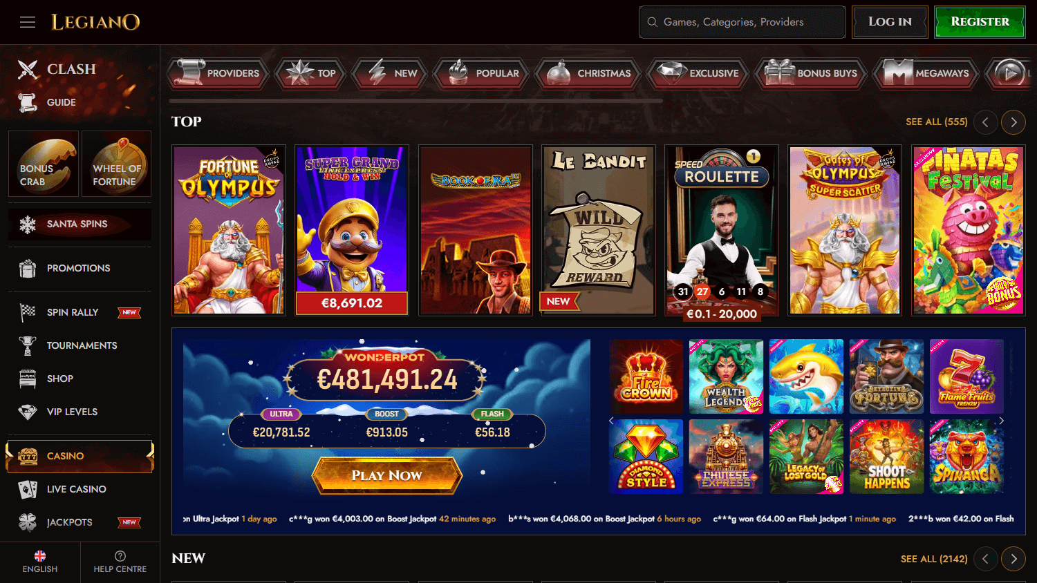 Legiano Casino game gallery desktop – full slot and live game catalogue
