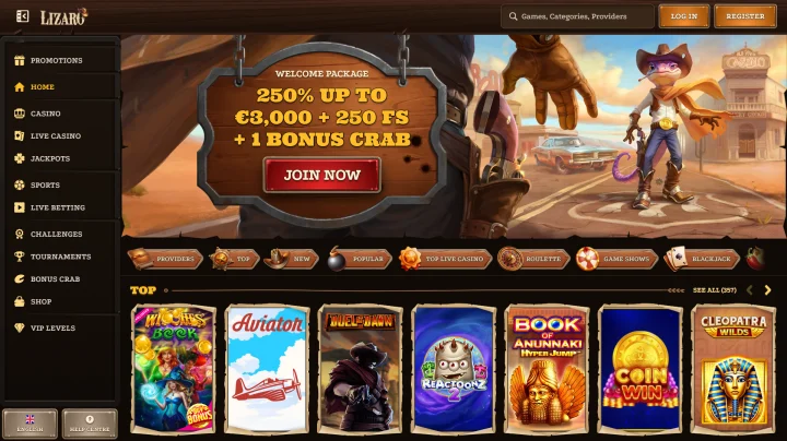 Lizaro Casino Homepage – Spielangebot und AstroPay Kassenbereich