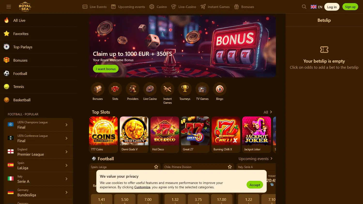 Royal Sea Casino desktop homepage – full casino interface with slots and live games