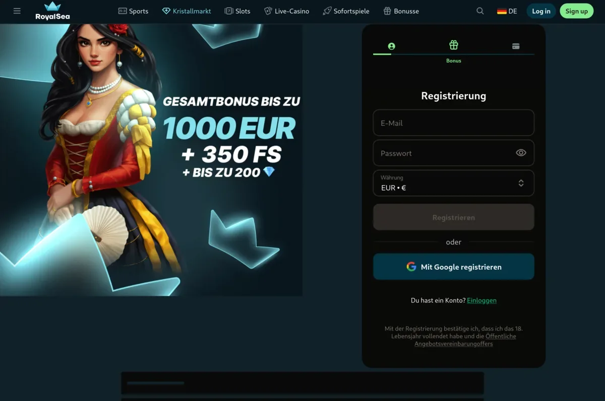 Royal Sea Casino homepage in German – casino lobby with games and promotions