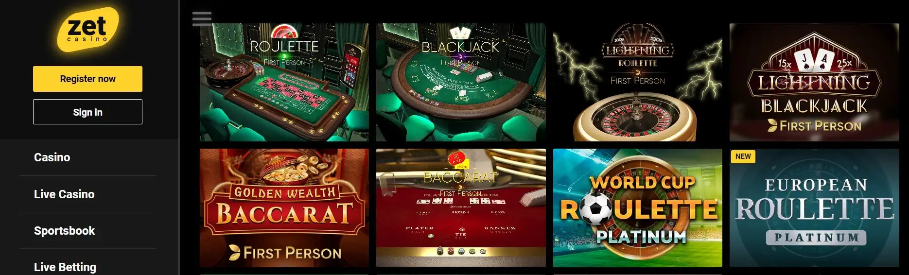 Zet Casino blackjack and live dealer games selection