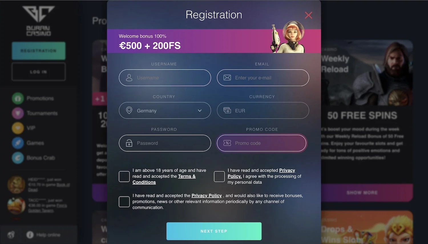 Buran Casino Registrierungsformular