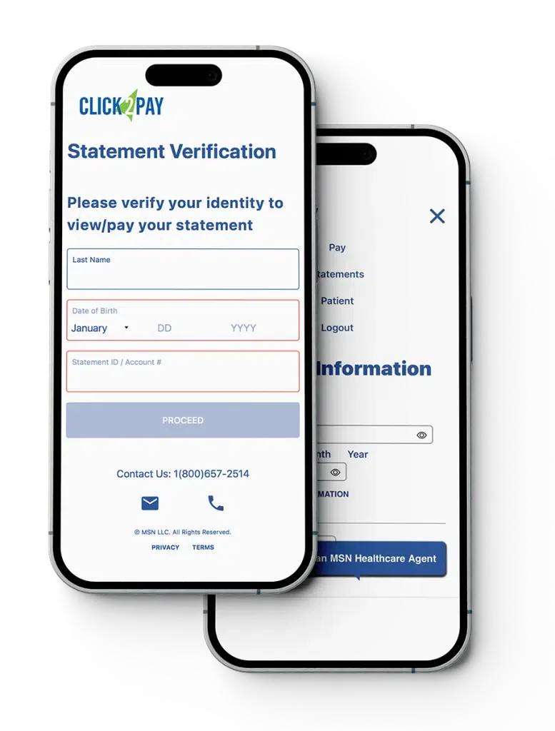 Click2Pay Mobile Mockup – App-Ansicht des eingestellten Wirecard-Zahlungsdienstes auf zwei Smartphones