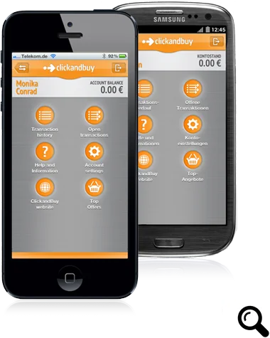 ClickandBuy Mobile App – iPhone und Android Menüansicht des eingestellten Bezahldienstes der Deutschen Telekom