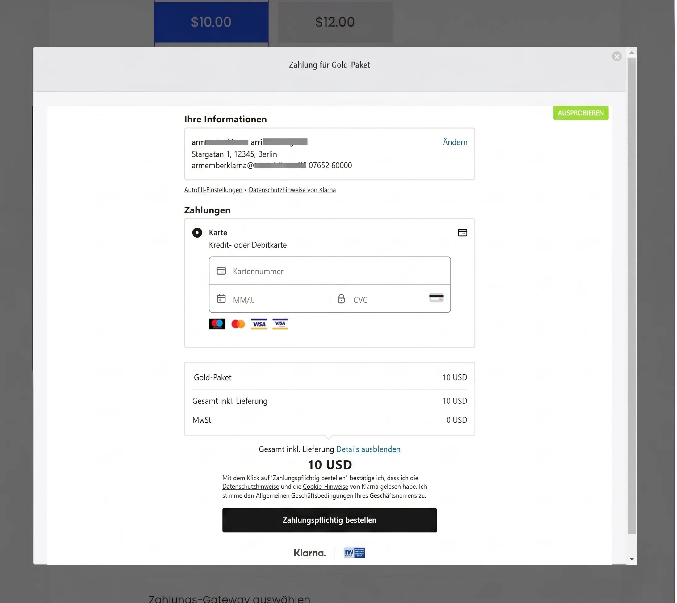 Klarna Checkout Zahlungsformular – Sofort-Einzahlungsseite für GGL-lizenzierte Online Casinos in Deutschland