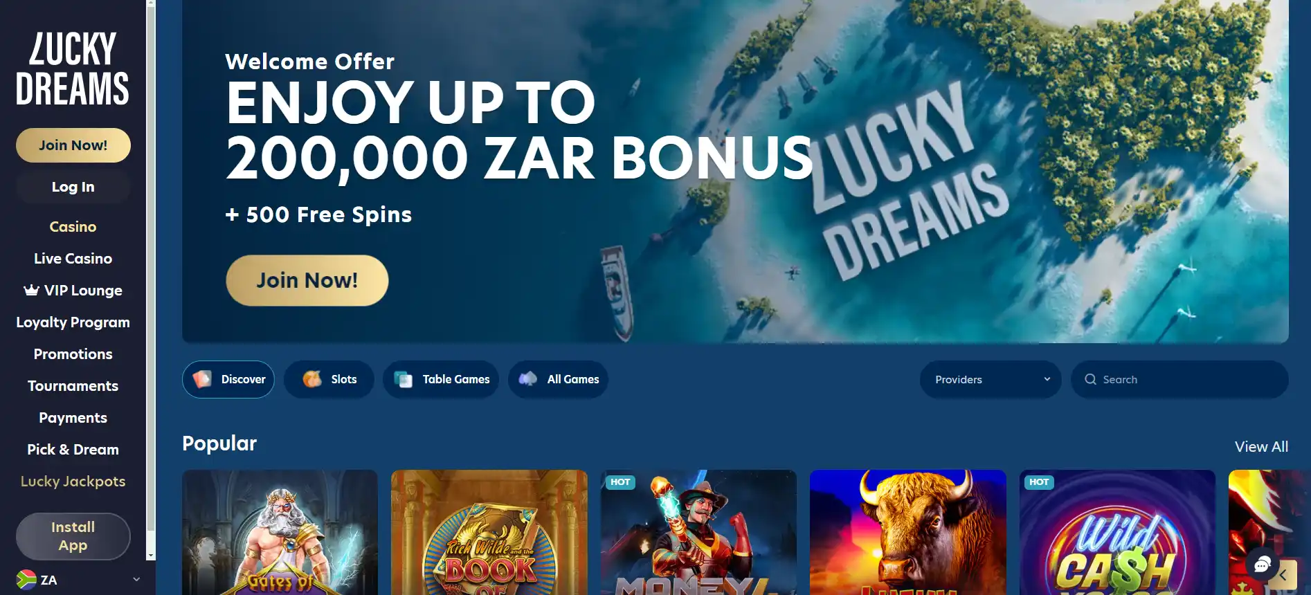 Lucky Dreams Casino Hauptseite mit beliebten Spielen — Top-Slots und Live-Casino-Tische im Überblick