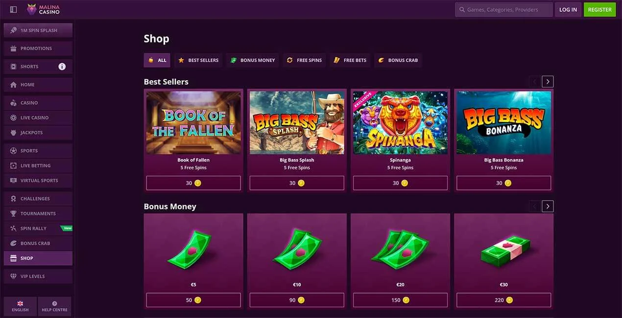 Malina Casino Bonus Shop — Freispiele und Bonusguthaben gegen gesammelte Treuepunkte einlösen