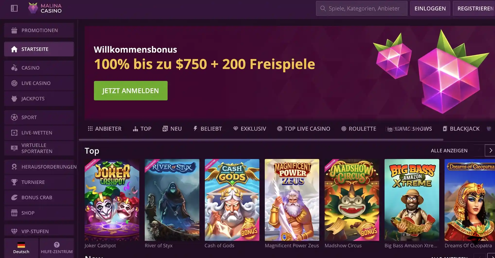 Malina Casino Spiellobby mit Willkommensbonus — 8.000 Titel von Pragmatic Play, NetEnt und Evolution