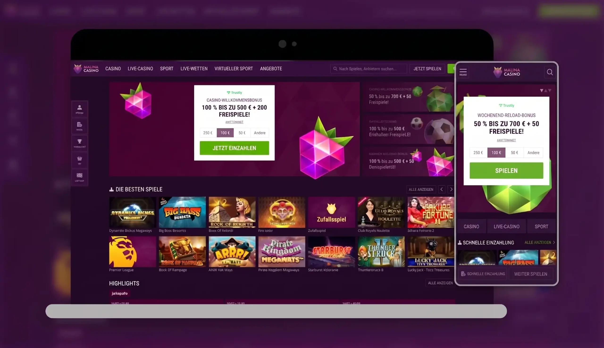 Malina Casino Startseite auf Desktop und Mobilgerät — vollständig optimierte PWA-Oberfläche