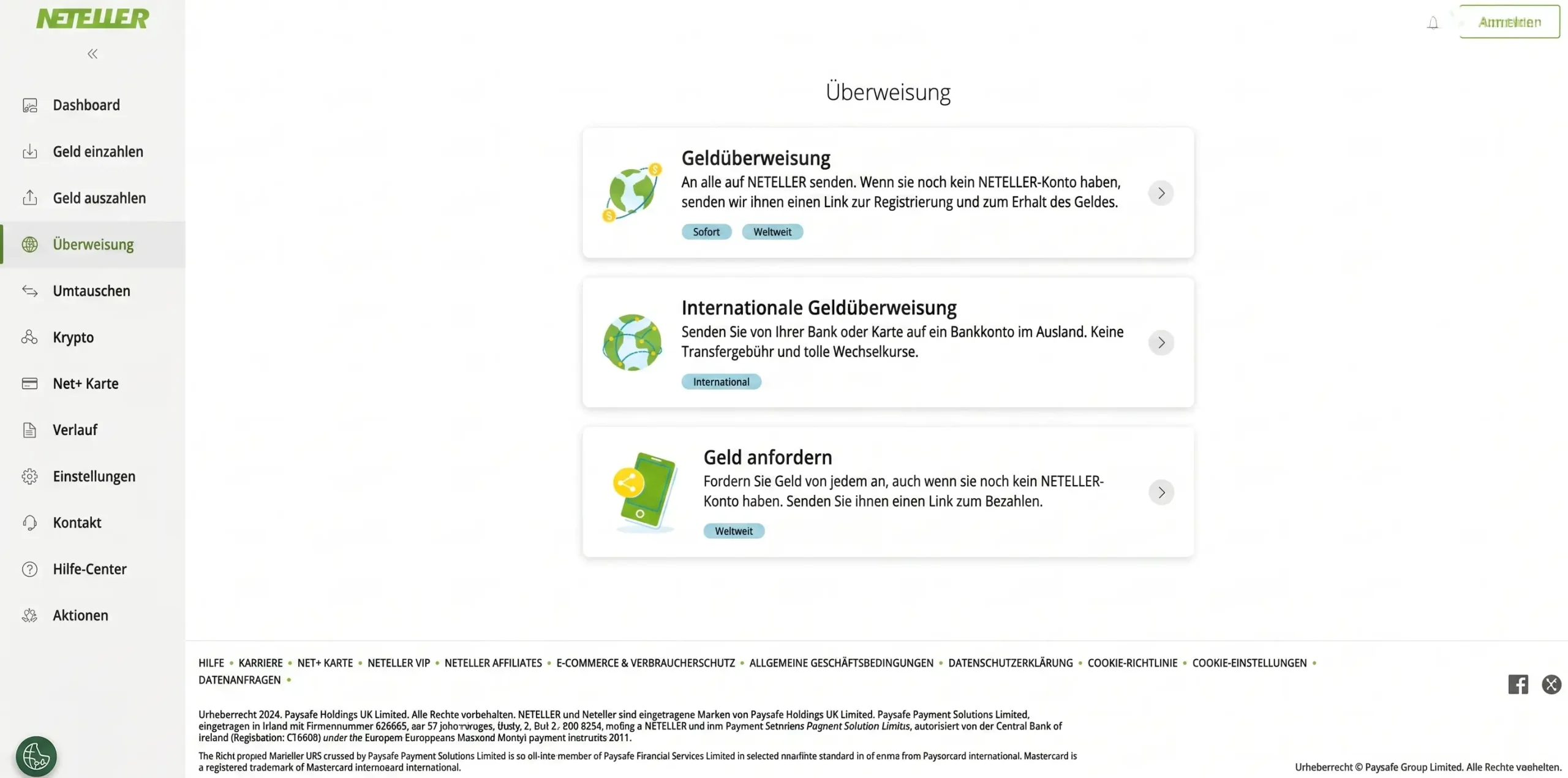 Neteller Transfer Seite – Überweisungsseite des E-Wallets für Casino-Ein- und Auszahlungen