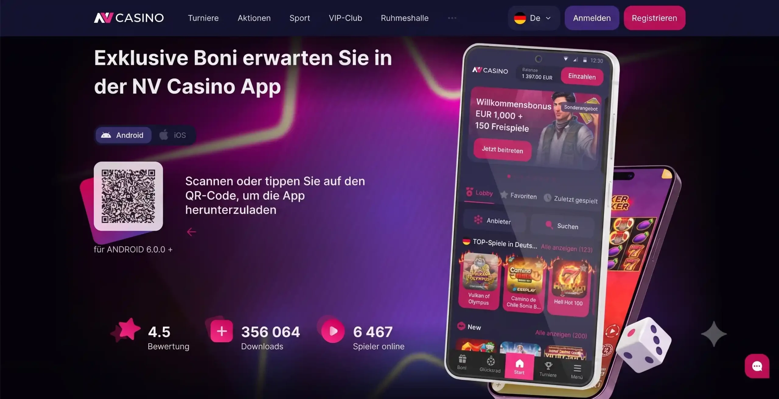 NV Casino Spiellobby — über 3.000 Titel von Pragmatic Play, Evolution und weiteren Anbietern
