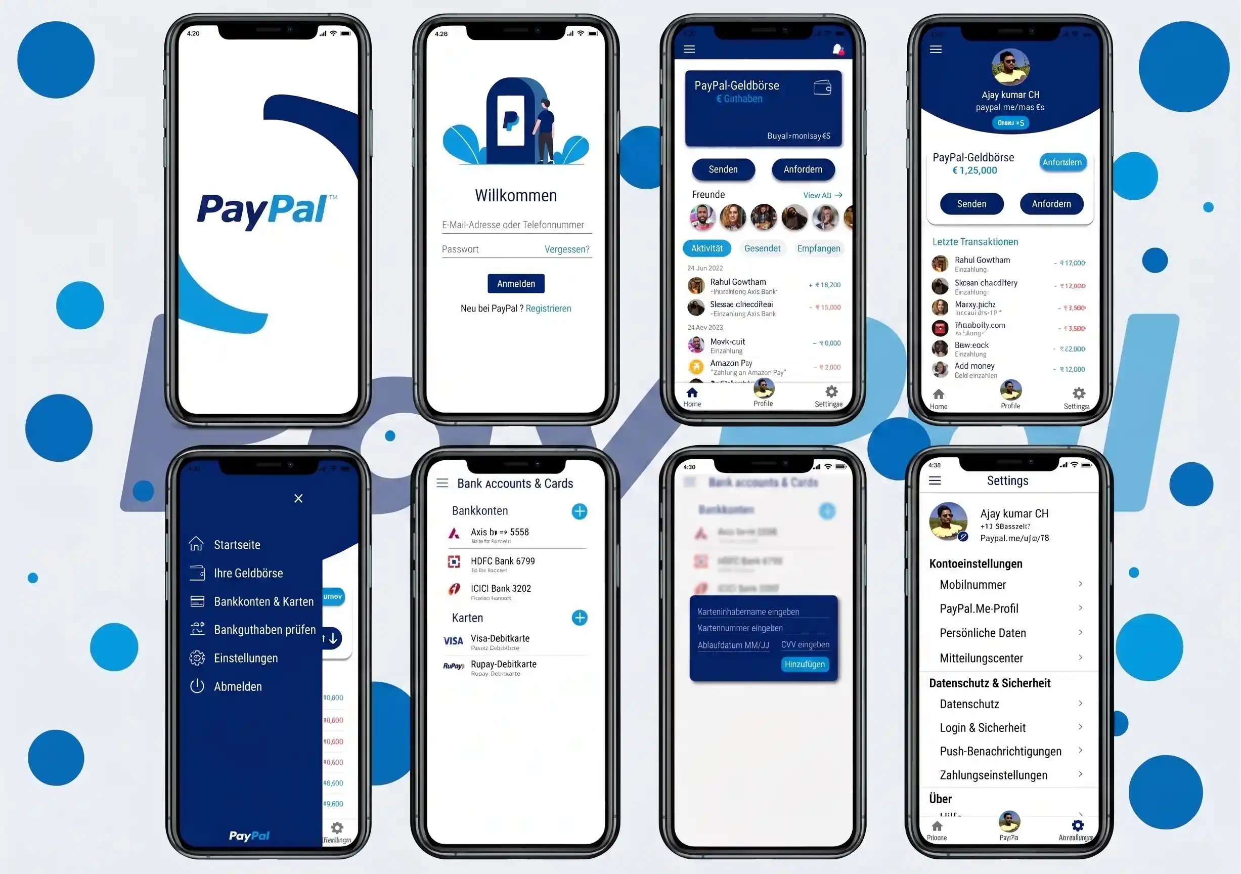 PayPal App – acht Bildschirme der mobilen Anwendung mit Anmeldung, Geldbörse, Transaktionsverlauf und Einstellungen auf Deutsch