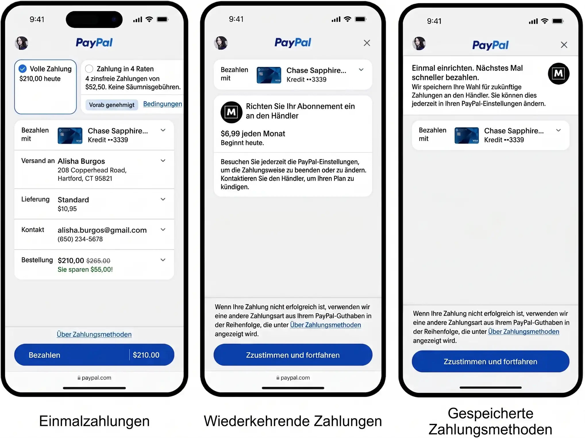 PayPal Checkout – drei Zahlungsoptionen im Überblick: Einmalzahlung, wiederkehrende Zahlung und gespeicherte Zahlungsmethode auf dem Smartphone