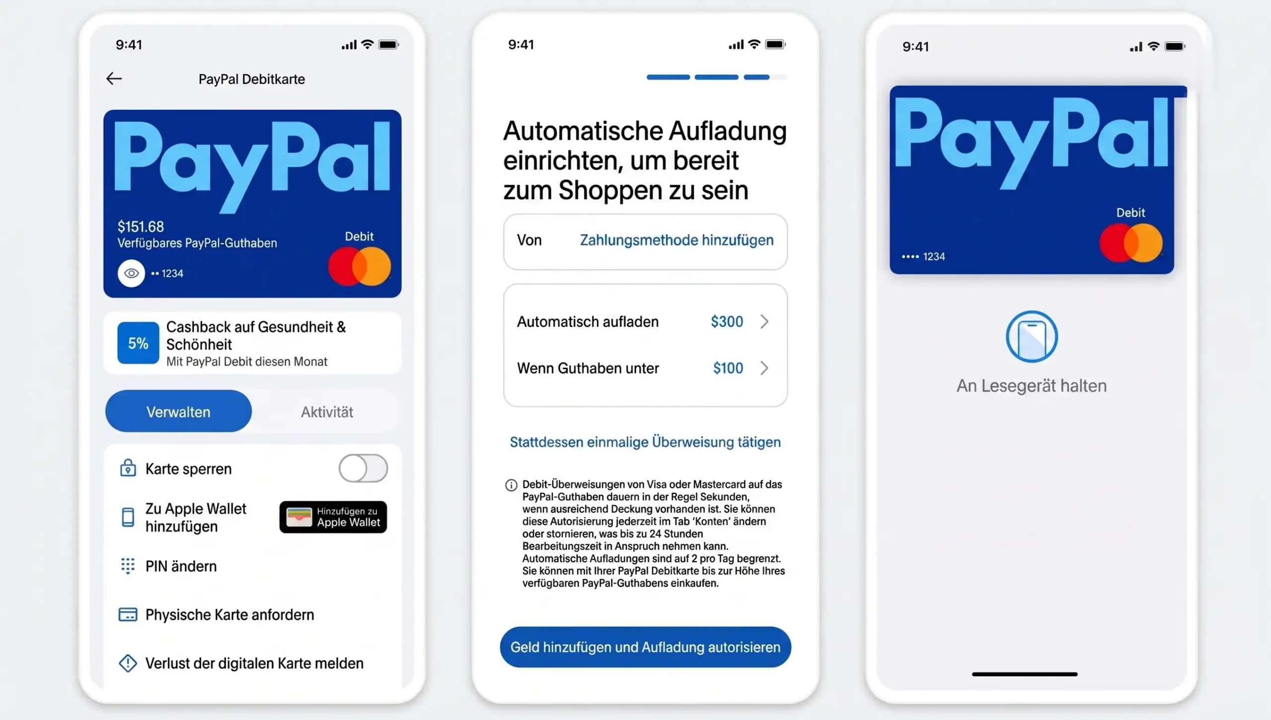PayPal Debitkarte in der App – Kontoübersicht mit verfügbarem Guthaben, automatischer Aufladung und Einrichtung per NFC-Lesegerät