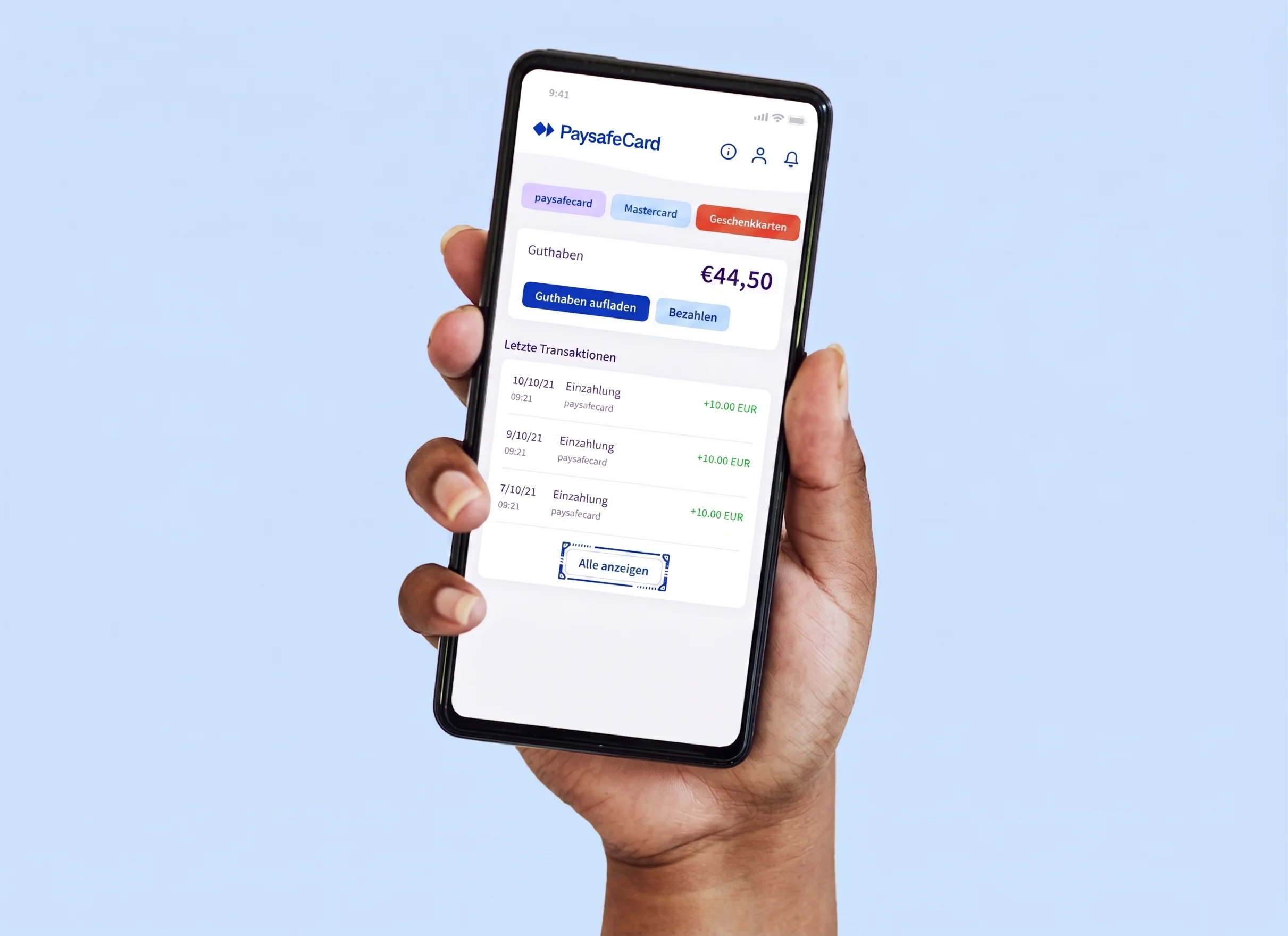 myPaysafe App – Kontostand und Guthaben-Übersicht in der mobilen Anwendung auf Deutsch