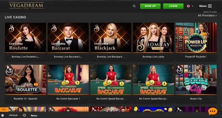 VegaDream Casino Spielothek Übersicht mit Spielkatalog