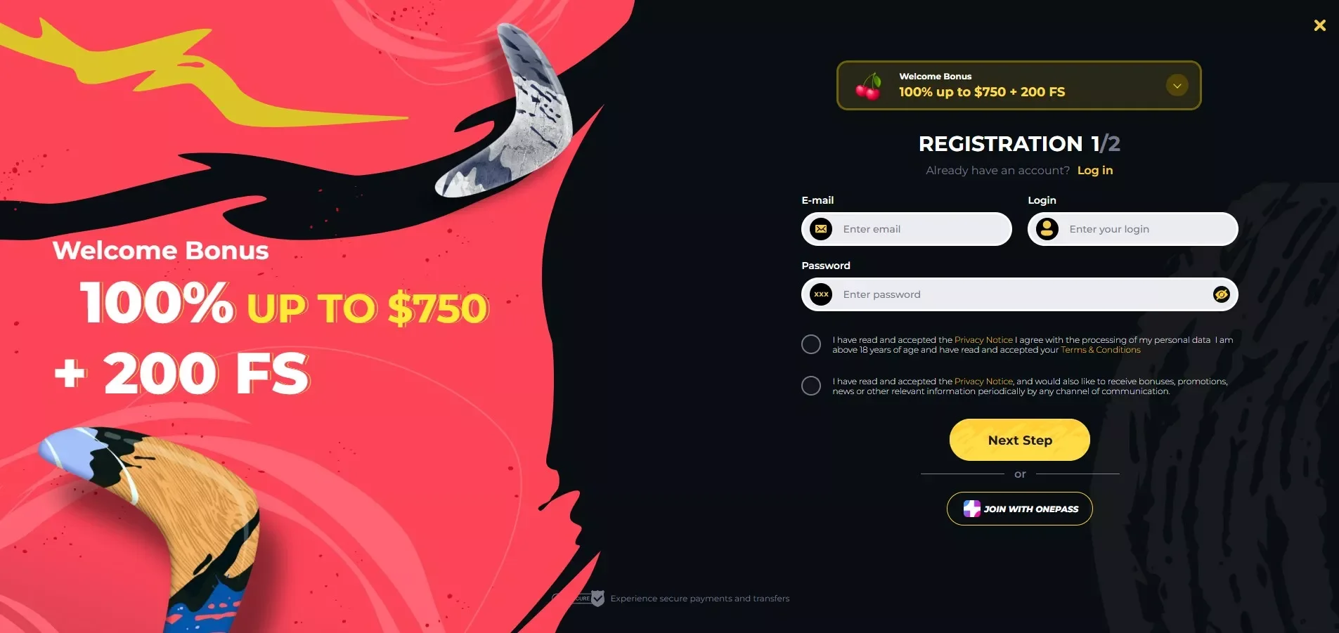 Boomerang Casino Registrierung mit 500 € Bonus und 200 Freispielen