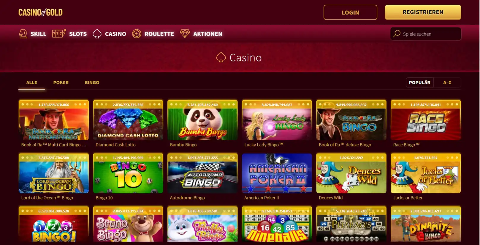 Casino of Gold Spiellobby mit Slots der Social-Casino-Variante