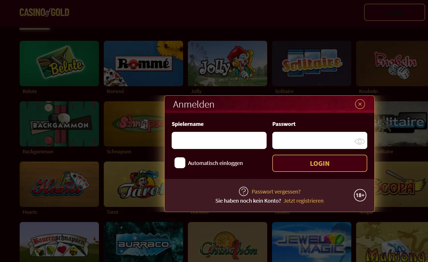 Casino of Gold Kontobereich mit Einzahlung und Auszahlung