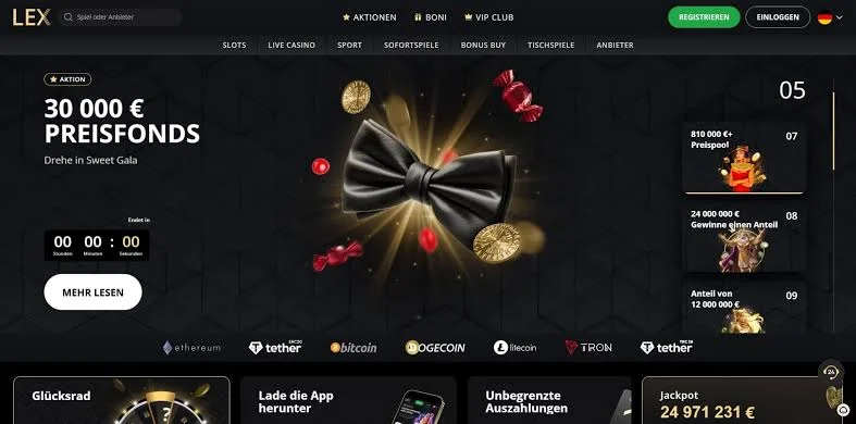 Lex Casino Lobby mit Spielübersicht und Kategorien