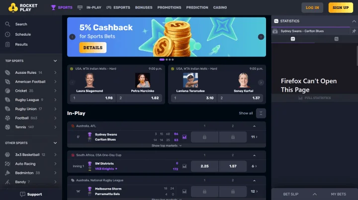 Rocketplay Sportwetten Seite im integrierten Wettangebot