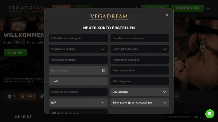 VegaDream Registrierung und Kontoerstellung im Kassenbereich